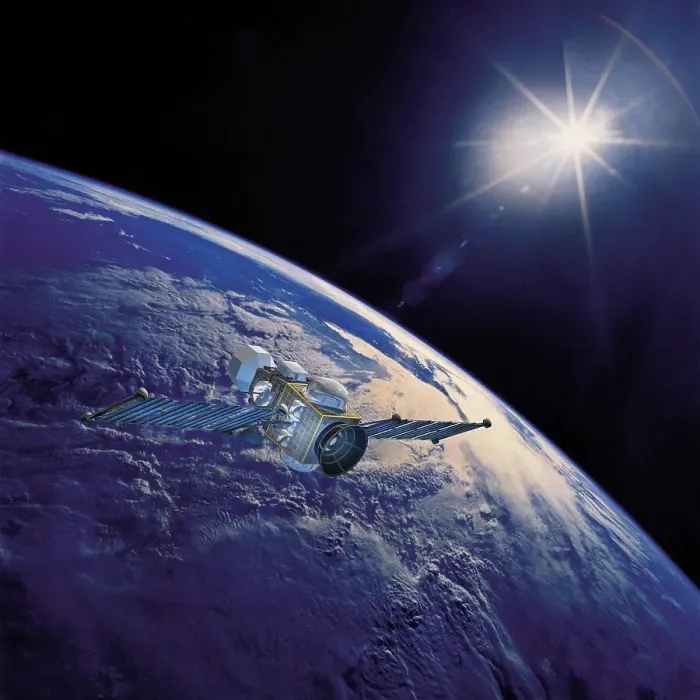Framed Print : Geostationary orbit satellite above the Earth pointed toward the rising sun Framed Print : Geostationary orbit satellite above the Earth pointed toward the rising sun