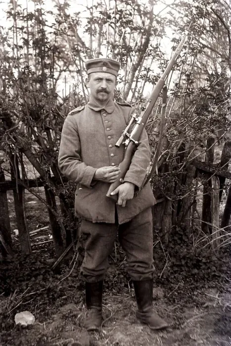 Framed Print : German soldier with carbine and telescopic sight