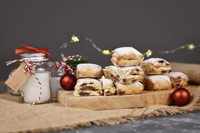 Framed Print : German Stollen cake pieces, a fruit bread with nuts