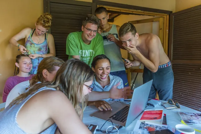 Framed Print : German Teenagers sitting in front of laptop