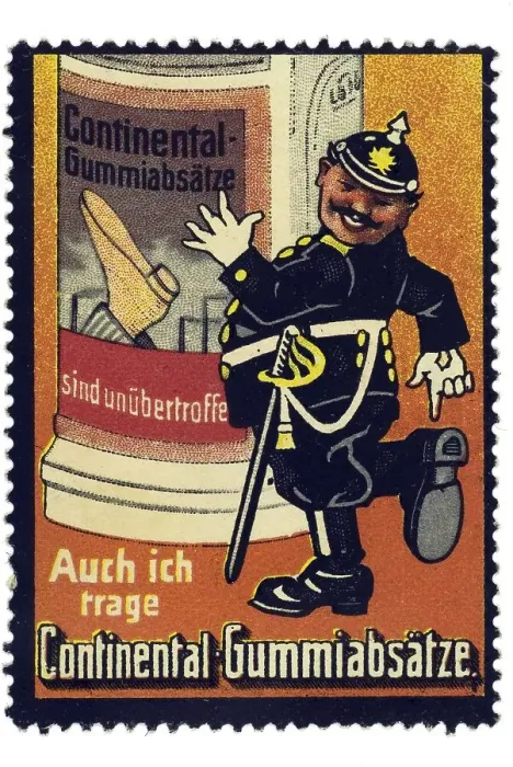 Framed Print : German trading stamp, Continental der Gummiabsaetze sind unuebertroffen