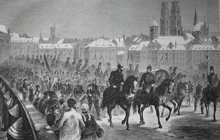 Framed Print : German troops marching across the Loire in Orleans on 5 December