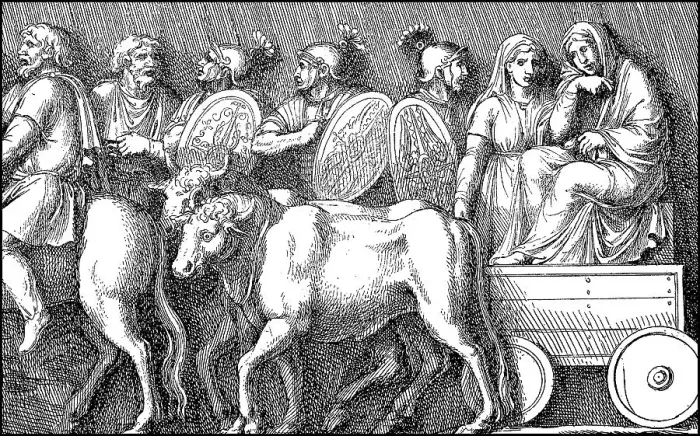 Framed Print : In a Germanic ox cart the woman follow the army procession