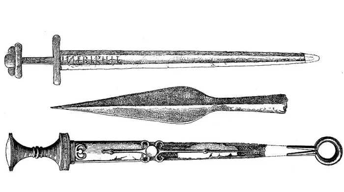 Framed Print : Germanic weapons, iron sword, iron lance tip and sword with runic inscription