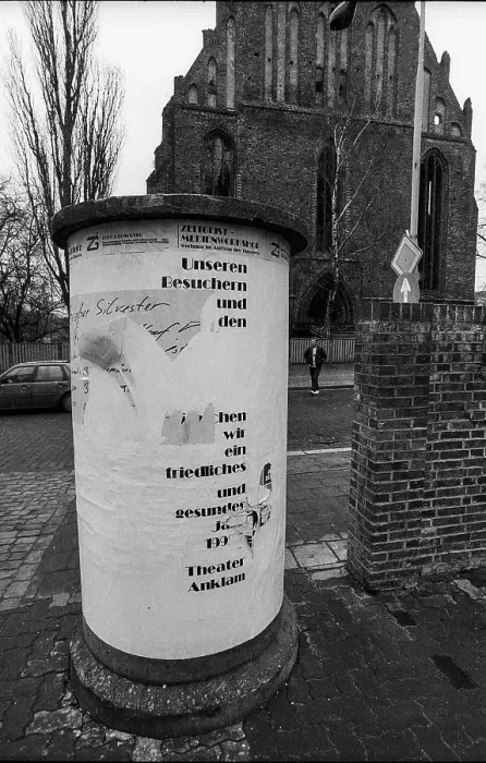 Framed Print : Germany, Anklam, 16.01.1992, empty advertising pillar, Europe Framed Print : Germany, Anklam, 16.01.1992, empty advertising pillar, Europe