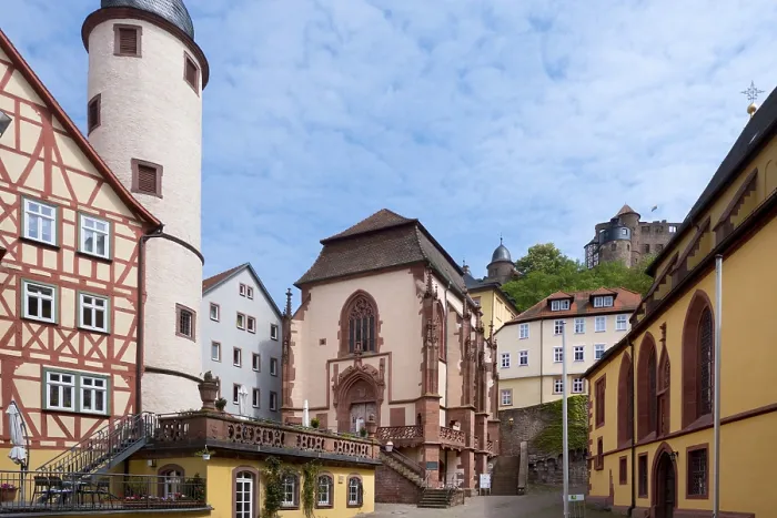 Framed Print : Germany, Bavaria, Wertheim,s chulgasse with Kilianskapelle (centre) Framed Print : Germany, Bavaria, Wertheim,s chulgasse with Kilianskapelle (centre)
