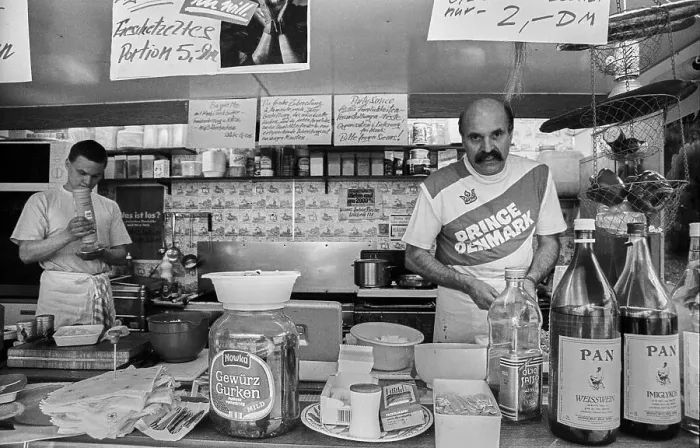 Framed Print : Germany, Berlin, 01.06.1991, Turkish snack stand at Frankfurter Allee S-Bahn station