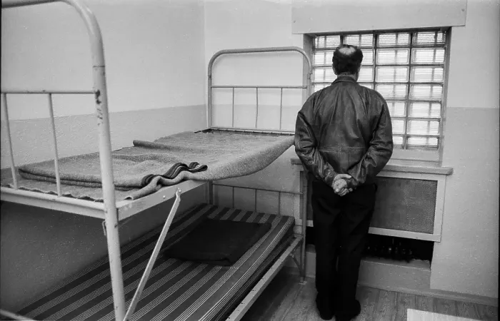 Framed Print : Germany, Berlin, 06.03.1992, Stasi remand prison Hohenschoenhausen, Otto Ruhland, former prisoner in his cell, when a guard entered you had to stand like this, Europe