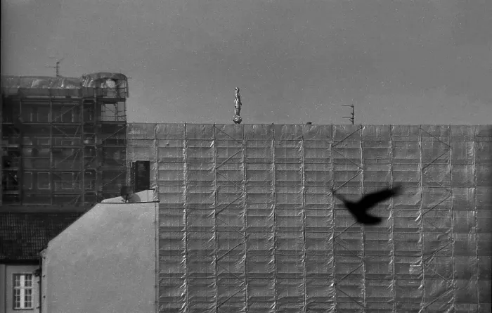Framed Print : Germany, Berlin, 10 March 1992, the facades of Leipziger Strasse are being re-clad (thin-iron method), bird and figure of the German Cathedral, Europe
