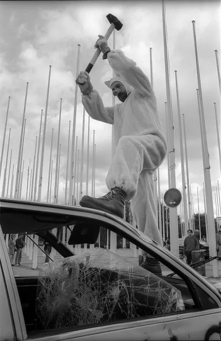 Framed Print : Germany, Berlin, 10.10.1992, protest action at the motor show in the exhibition halls under the radio tower Framed Print : Germany, Berlin, 10.10.1992, protest action at the motor show in the exhibition halls under the radio tower