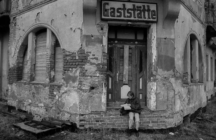 Framed Print : Germany, Berlin, 12 February 1992, closed restaurant in Koepenick, child with book, Europe