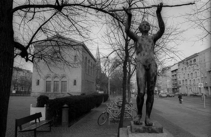 Framed Print : Germany, Berlin, 14 February 1992, Nazareth Church on Leopoldplatz in Wedding, Schinkel Bau, Adorant, Praying Boy, Europe