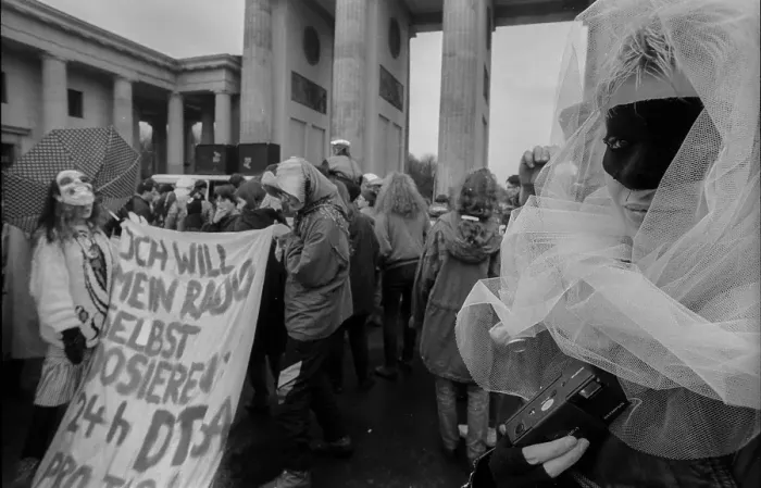 Framed Print : Germany, Berlin, 16 February 1992, DT64 demonstration (against the closure of the station), at the Brandenburg Tor, Europe Framed Print : Germany, Berlin, 16 February 1992, DT64 demonstration (against the closure of the station), at the Brandenburg Tor, Europe