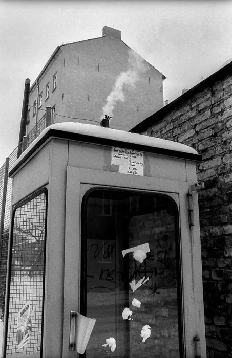 Framed Print : Germany, Berlin, 19.02.1991, smoking telephone box (GDR)