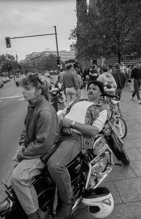Framed Print : Germany, Berlin, 20.07.1991, Rocker with motorbike