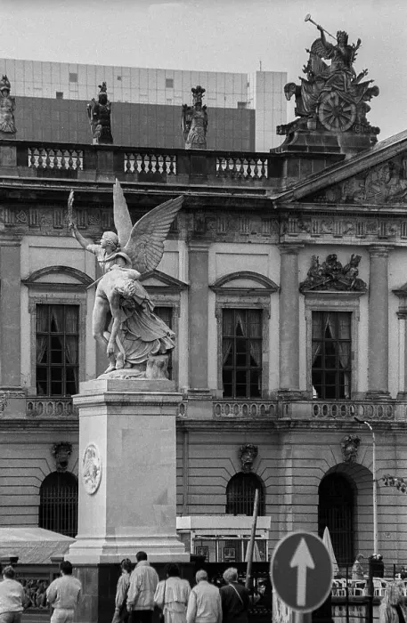 Framed Print : Germany, Berlin, 21.05.1991, Figure of the Schlossbruecke: Iris carries the fallen hero up to Olympus Framed Print : Germany, Berlin, 21.05.1991, Figure of the Schlossbruecke: Iris carries the fallen hero up to Olympus