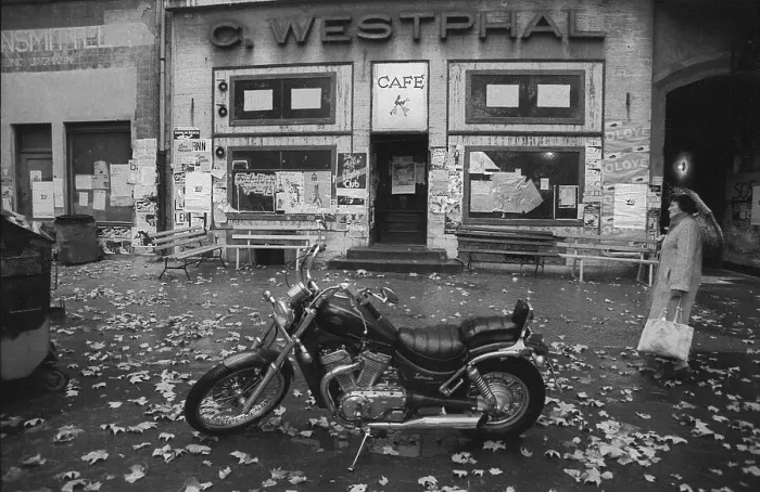 Framed Print : Germany, Berlin, 30. 10. 1990, motorbike in front of Cafe Westphal