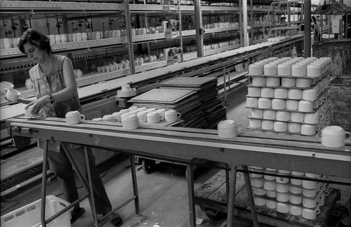 Framed Print : Germany, Kahla, 20.12.1991, Porzellanwerk Kahla, worker in cup production, Europe