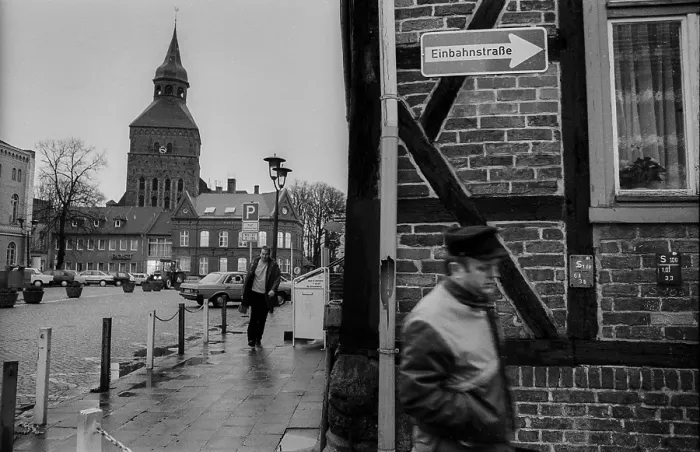 Framed Print : Germany, Sternberg, 12.01.1992, Town Church of St. Mary and St. Nicholas, one-way street, Sternberg  /  Mecklenburg, Europe