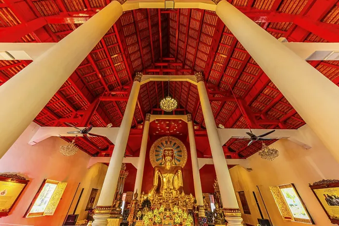 Framed Print : Gilded Buddha statue in a public prayer hall in the Wat Phra Singh Buddhist temple complex