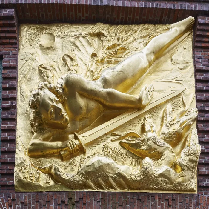 Framed Print : Gilded relief The Lightbringer by sculptor Werner Hoetger at the entrance to Boettcherstrasse in Bremen Framed Print : Gilded relief The Lightbringer by sculptor Werner Hoetger at the entrance to Boettcherstrasse in Bremen
