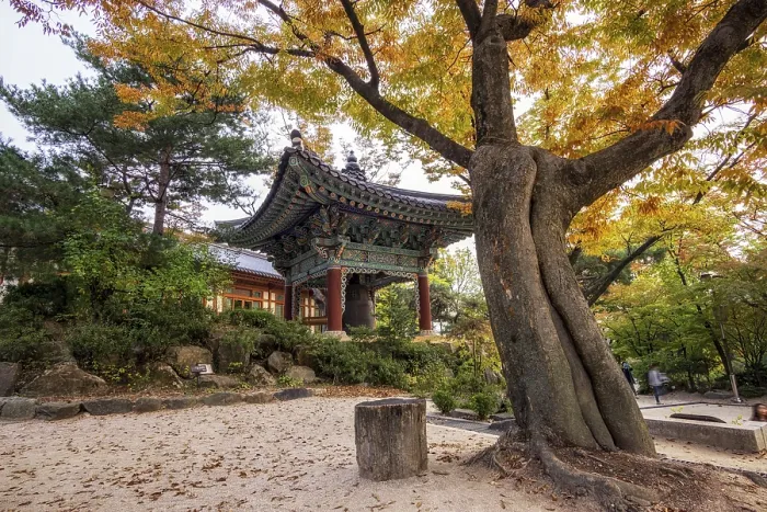 Framed Print : Gilsangsa temple autumn scenery with fall foliage surrounding the temple area