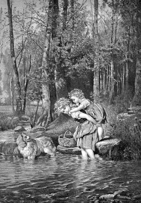 Framed Print : Girl carries little sister piggyback through a stream Framed Print : Girl carries little sister piggyback through a stream