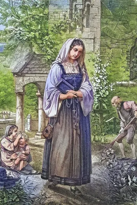 Framed Print : The Girl in the Cemetery, Historical Steel Engraving from 1860 Framed Print : The Girl in the Cemetery, Historical Steel Engraving from 1860