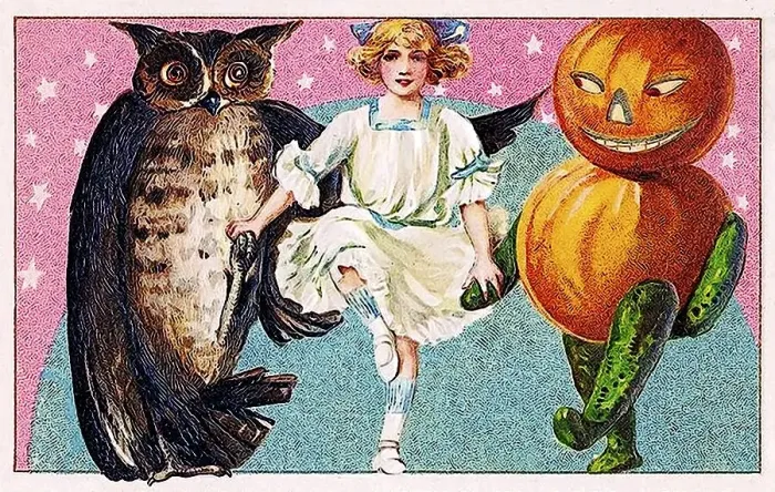 Framed Print : Girl dances with owl and pumpkin figure Framed Print : Girl dances with owl and pumpkin figure