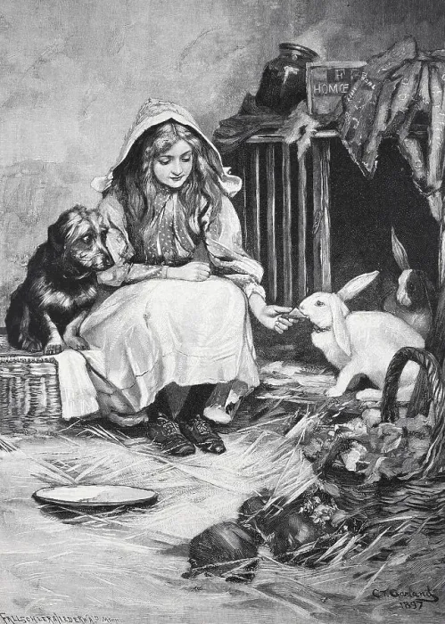 Framed Print : Girl with a dog and rabbit in a hut Framed Print : Girl with a dog and rabbit in a hut