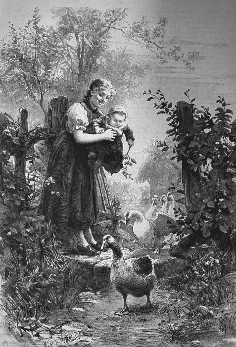 Framed Print : Girl with her little sister guarding ducks Framed Print : Girl with her little sister guarding ducks