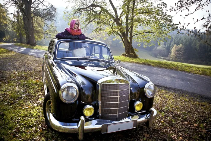 Framed Print : Girl in front of Post-War classic car Framed Print : Girl in front of Post-War classic car