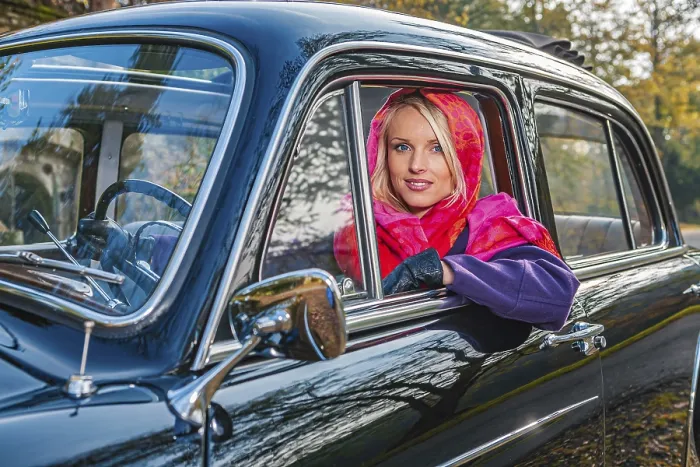 Framed Print : A girl with post-war classic car Framed Print : A girl with post-war classic car
