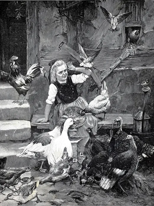 Framed Print : Girl wants to feed the house birds and is attacked by the hungry birds