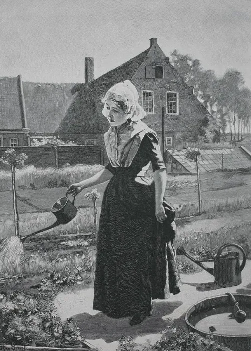 Framed Print : Girl Watering in the House Garden
