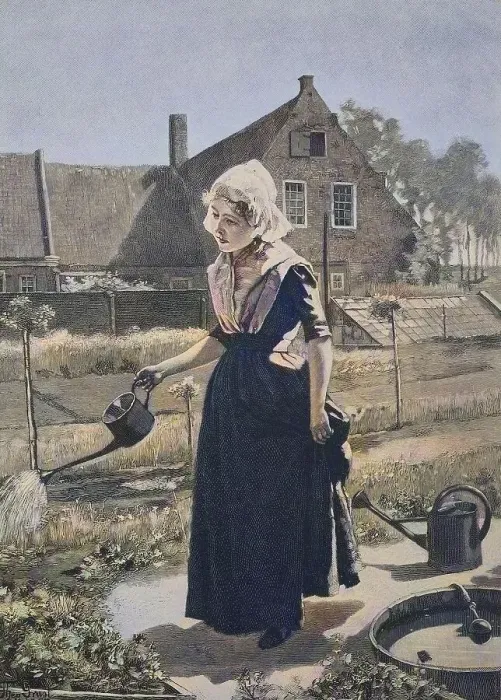 Framed Print : Girl Watering in the House Garden Framed Print : Girl Watering in the House Garden