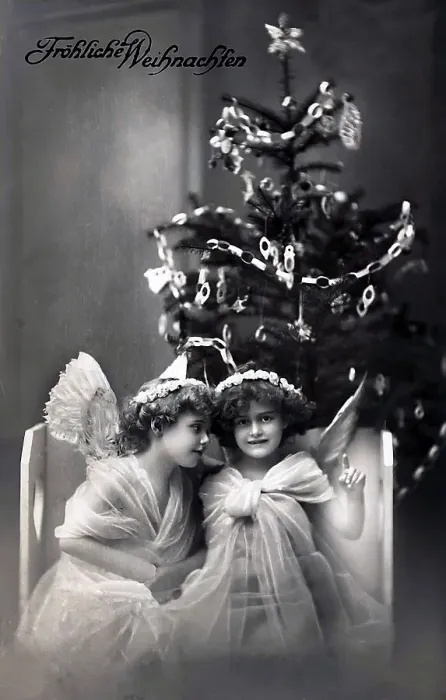 Framed Print : Girls, angels, sitting in front of Christmas tree Framed Print : Girls, angels, sitting in front of Christmas tree