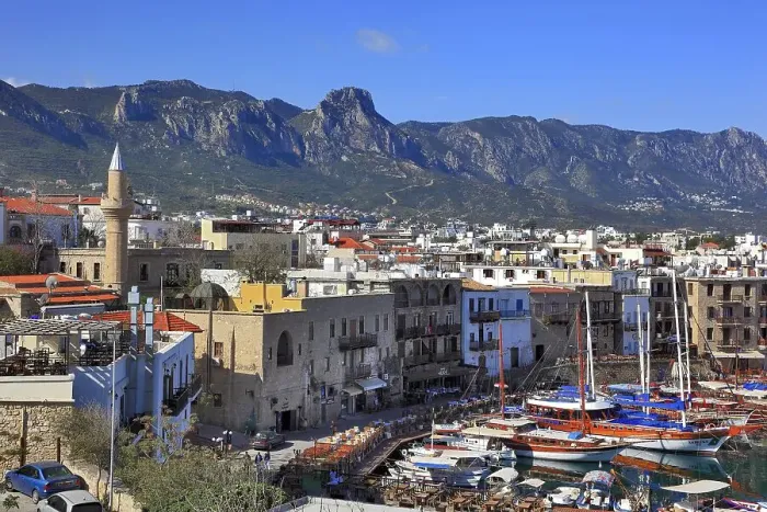 Framed Print : Girne, Kyrenia, harbour town, view of the harbour and the old town and the Pentadaktylos Mountains