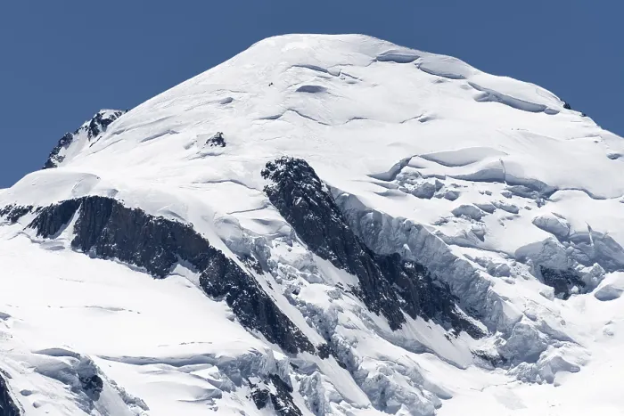 Framed Print : Glacier des Bossons, summit of Mont Blanc with glacier