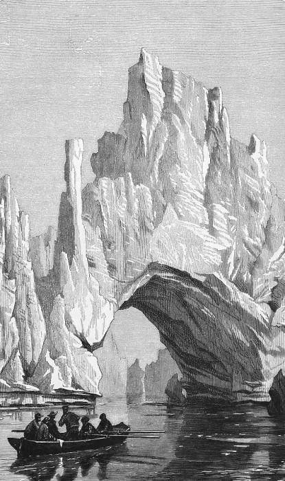 Framed Print : Glacier gate in the iceberg of the Greenland Sea, northern Arctic Ocean, rowing boat with visitors, polar region, danger, climate change, travelling, Greenland, historical illustration 18888, North America