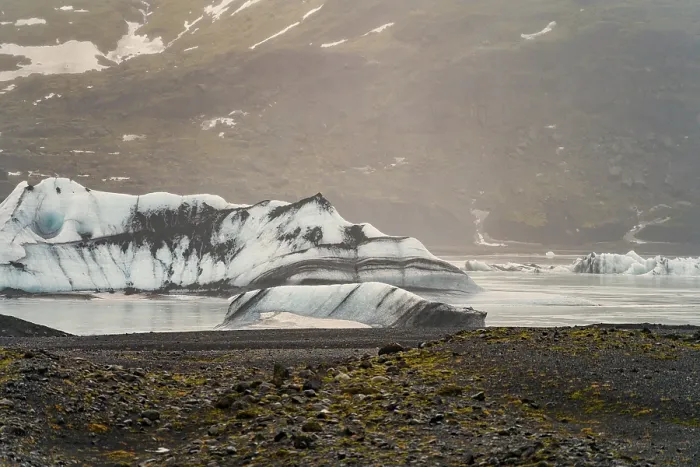 Framed Print : Glacier landscape with icy formations in a serene