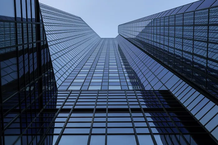 Framed Print : Glass facade of Deutsche Bank, banking district