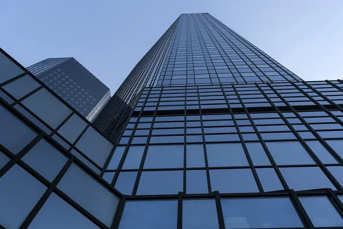Framed Print : Glass facade of Deutsche Bank, banking district Framed Print : Glass facade of Deutsche Bank, banking district
