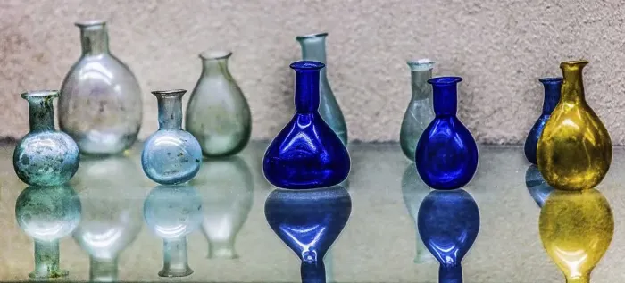 Framed Print : Glass jugs and bottles from the 1st-3rd century Framed Print : Glass jugs and bottles from the 1st-3rd century
