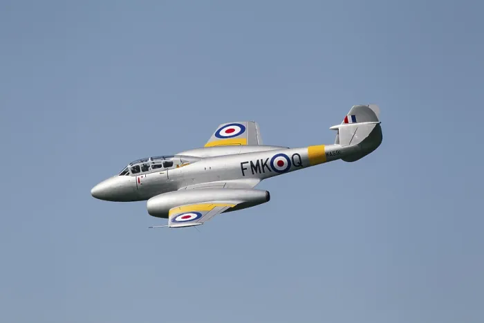 Framed Print : Gloster Meteor jet aircraft in RAF Royal air force colours flying in a blue sky Framed Print : Gloster Meteor jet aircraft in RAF Royal air force colours flying in a blue sky