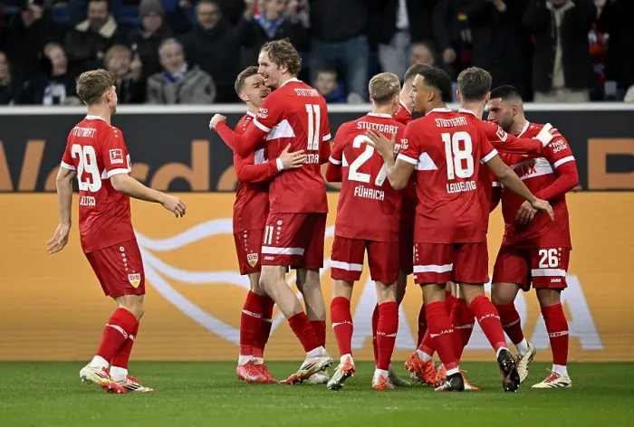 Framed Print : Goal celebration Nick Woltemade VfB Stuttgart (11) Deniz Undav VfB Stuttgart (26) Chris Fuhrich VfB Stuttgart (27)