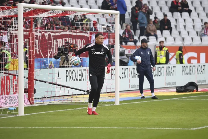Framed Print : Goalkeeper Noah Atubolu (SC Freiburg) at the match of the 1st FBL: 24-25: 21st Sptg