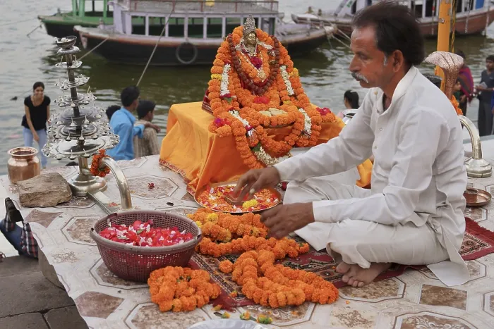 Framed Print : Goddess ganga idol on ghats, varanasi