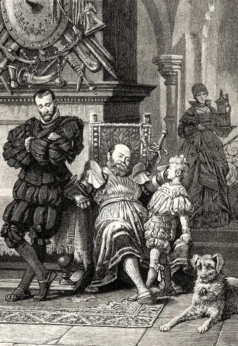 Framed Print : Goetz and his son Charles, scene from Goetz von Berlichingen Framed Print : Goetz and his son Charles, scene from Goetz von Berlichingen