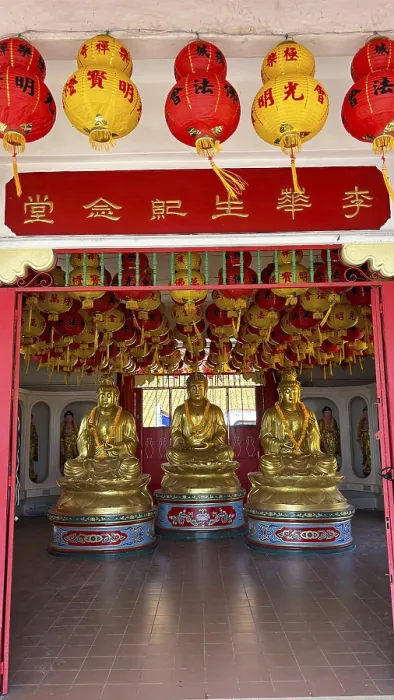 Framed Print : Three golden Buddha statues in the decorative interior of the temple Framed Print : Three golden Buddha statues in the decorative interior of the temple